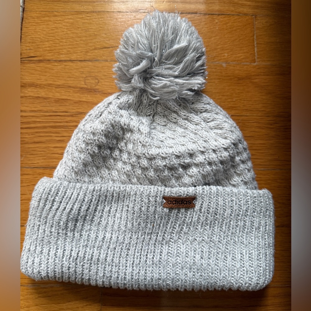 Adidas Light Gray Knit Beanie with Pom-Pom